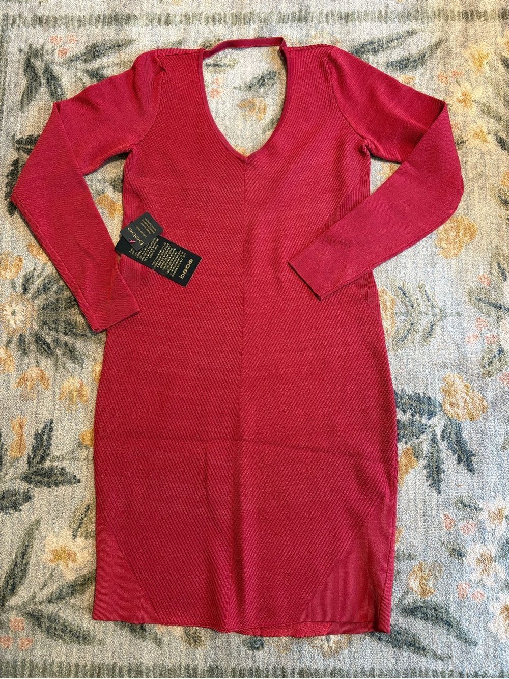 Bebe Bandage Burgundy Chevron Ribbed Long Sleeve Bodycon Dress XL NWT